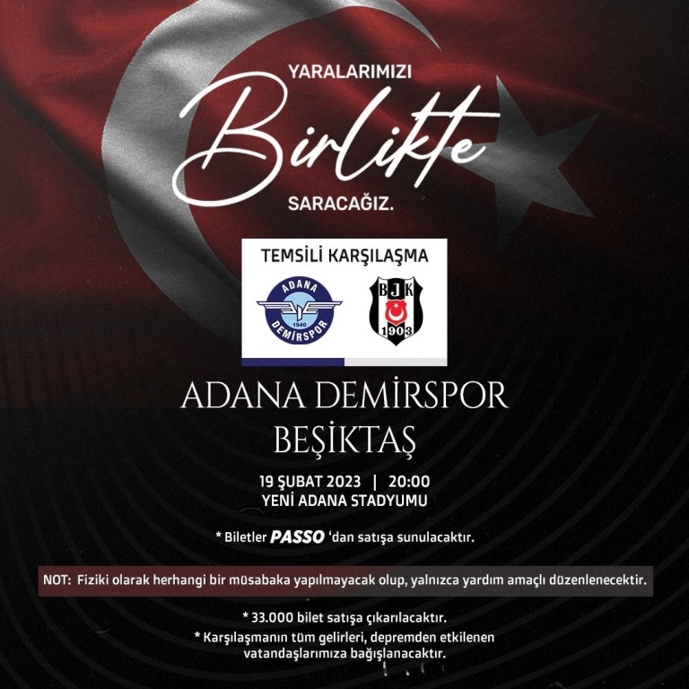 Adana Demirspor ile Beşiktaş depremzedeler için temsili maç yapacak 