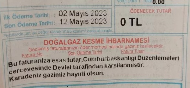 DOĞALGAZ FATURALARI VATANDAŞA “0” TL OLARAK GELDİ