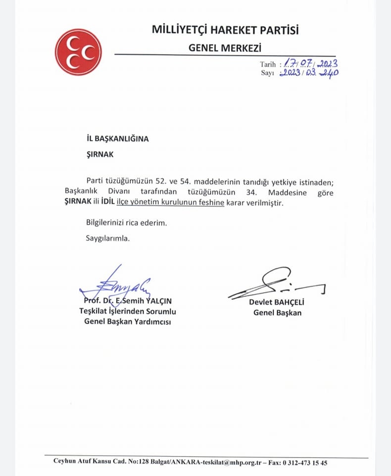 Bahçeli'nin talimatı ile MHP idil ilçe teşkilatı yönetimi feshedildi.