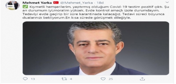 Şırnak Belediye Başkanı Mehmet Yarka`nın Covid-19 Testi Pozitif Çıktı