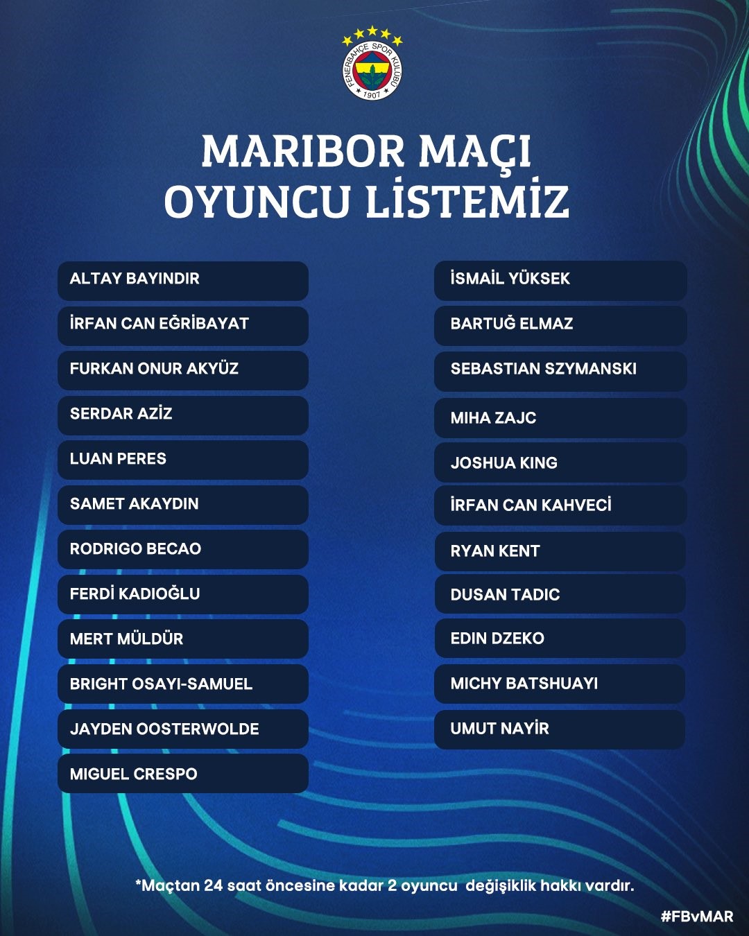 Fenerbahçe'nin Maribor maçı kadrosu belli oldu