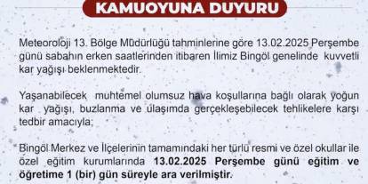 Bingöl’de  eğitime 1 gün ara verildi